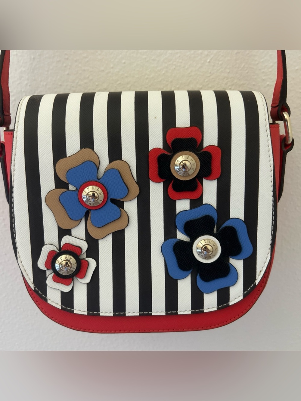 Striped Floral Appliqué Crossbody Bag - Blue, Red, Tan